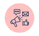 Icon of a megaphone, speech bubble, email, and thumbs-up, symbolizing essential marketing templates for communication and engagement