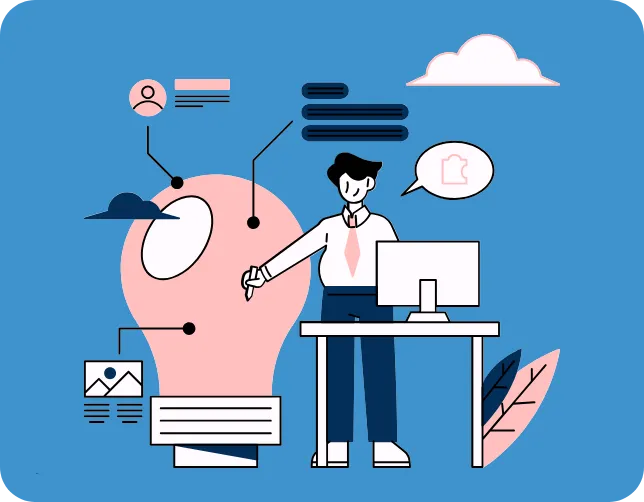 Illustration of a person at a computer connected to a large lightbulb with marketing icons, symbolizing confidently marketing a business with clear guidance and ideas
