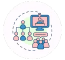 Icon symbolizing a compelling "About Us" story, with an organizational chart, a speaker on a monitor, and an audience, representing connecting and building trust