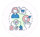 Icon symbolizing an ideal customer avatar template, with a user profile, shopping cart, megaphone, target, and hand clicking, representing defining target audience and tailoring marketing messages