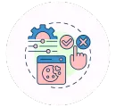 Icon symbolizing a website 101 checklist, with a gear, browser, and hand clicking a checkmark, representing website optimization for conversions and user experience