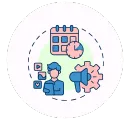 Icon symbolizing social media planning, with a calendar, person with social media icons, and a megaphone, representing consistent engagement and growth