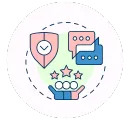 Icon symbolizing real-life branding examples, with a shield, speech bubbles, and people with stars, representing building trust and a strong brand identity