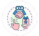 Icon symbolizing bonus community access, with a handshake, clicking finger, and gift box, representing networking and support