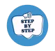Icon of a "STEP BY STEP" speech bubble with a megaphone, symbolizing clear guidance for next steps and staying motivated