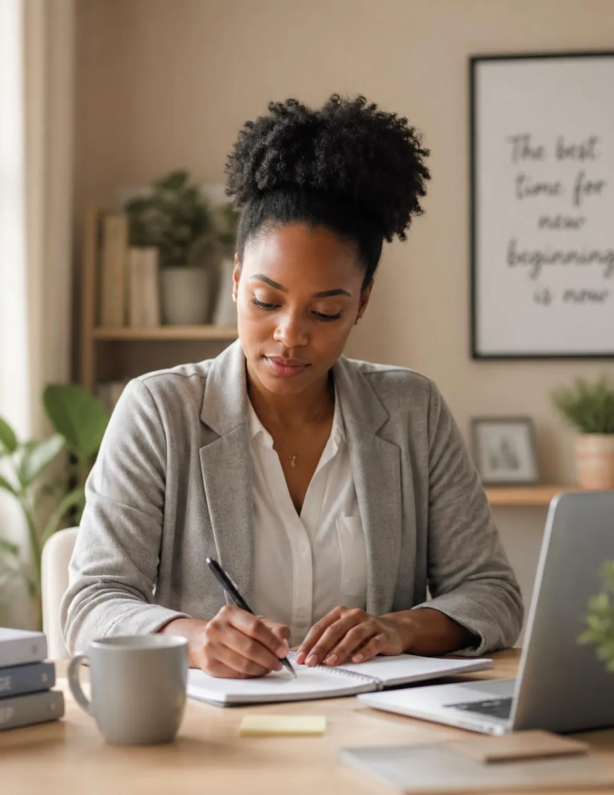 Black woman entrepreneur writing goals in a journal at her home office desk next to a laptop