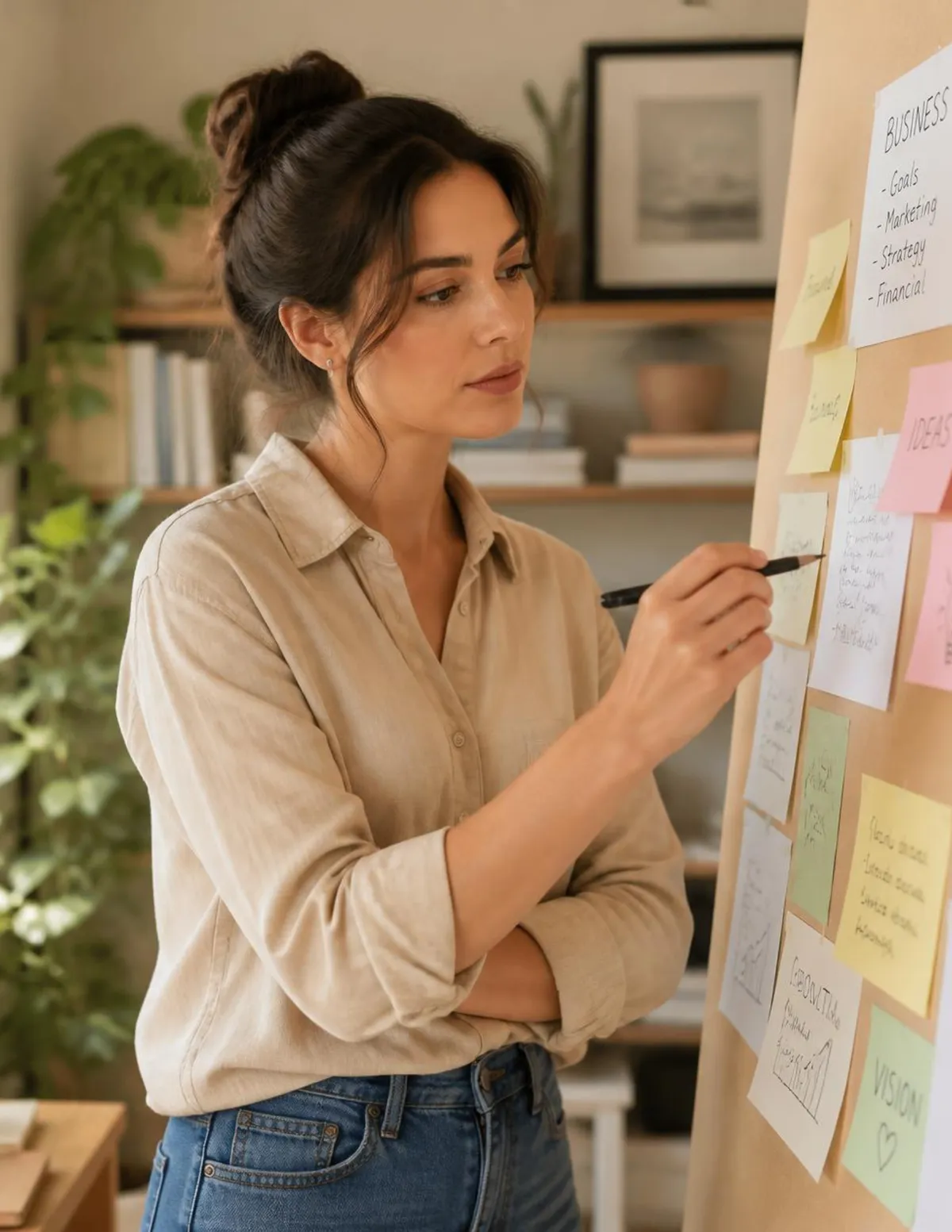 Female entrepreneur brainstorming business strategy on a sticky note board in a home office