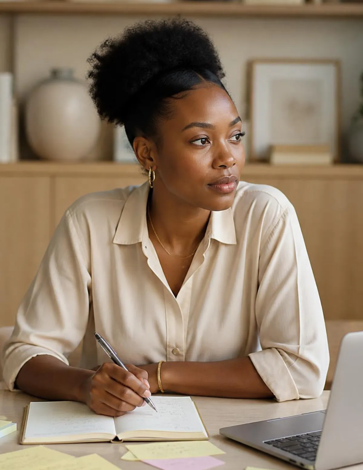 Thoughtful female professional pausing to reflect while journaling and planning goals at a clean desk setup