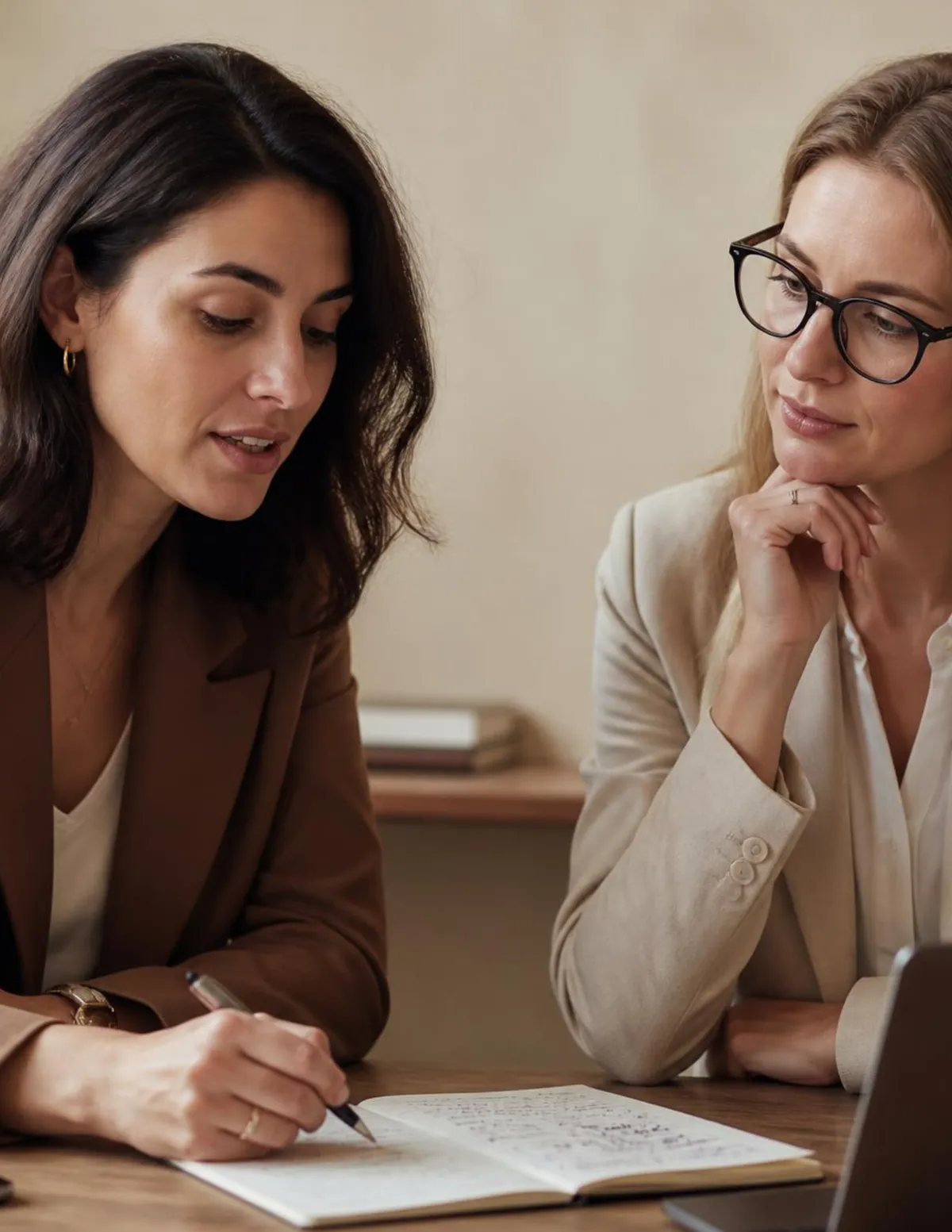 Two female business professionals collaborating during a strategy session with a notebook and laptop