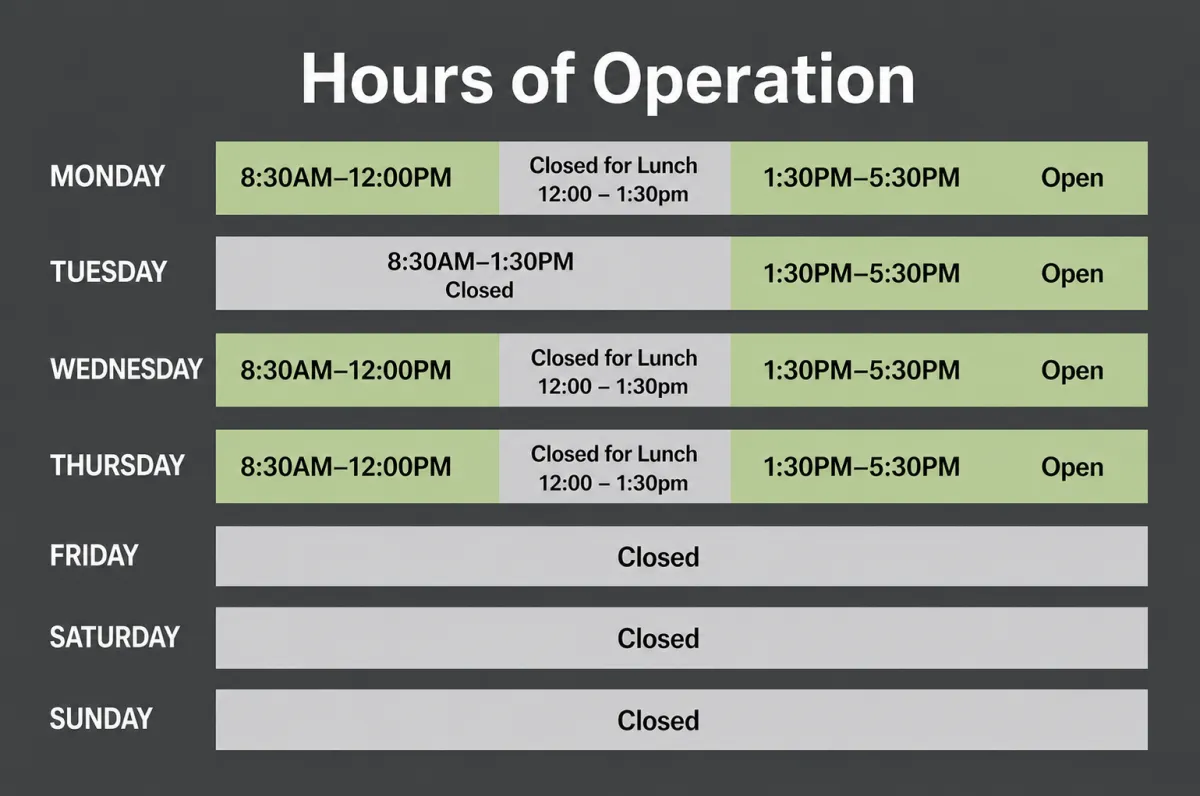 Office hours horizontal chart — Monday 8:30–12:00 Open; Closed for Lunch 12:00–1:30; 1:30–5:30 Open. Tuesday 1:30–5:30 Open. Wednesday 8:30–12:00 Open; Closed for Lunch 12:00–1:30; 1:30–5:30 Open. Thursday 8:30–12:00 Open; Closed for Lunch 12:00–1:30; 1:30–5:30 Open. Friday Closed. Saturday Closed. Sunday Closed. Transparent background; muted green open blocks; high-contrast dark text; chart style, color palette, and fonts matching provided source; text sized for legibility in the image element.