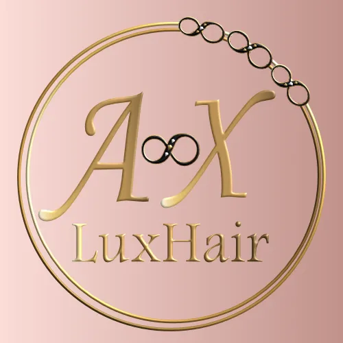 AX Luxhair - Logo Designed by Jessica Paxton - A gold circle with 3 black infinity symbols at the top like a crown, the words "AX Luxhair" is centered inside the circle.