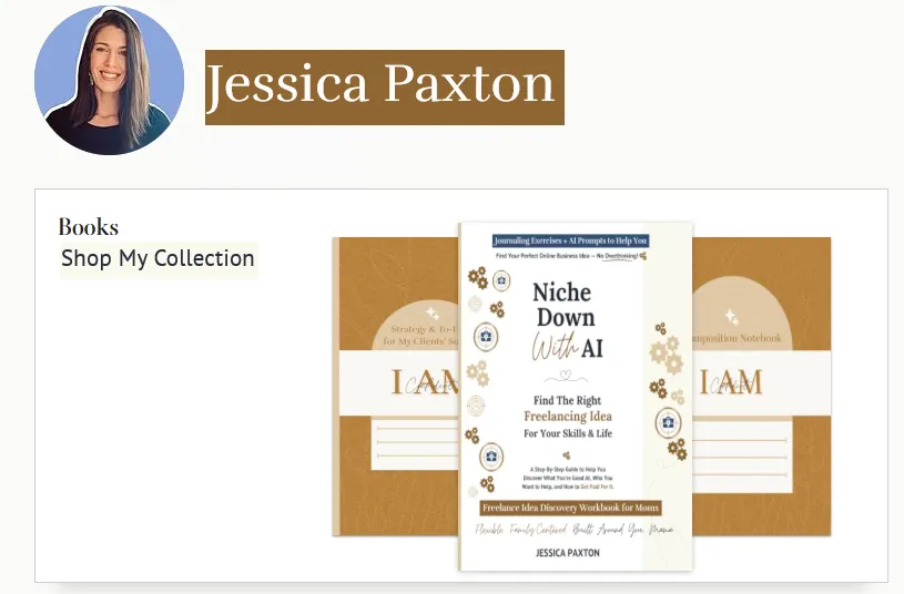 A photo of Jessica's Amazon notebooks and Niche Down With AI Workbook Available on Amazon