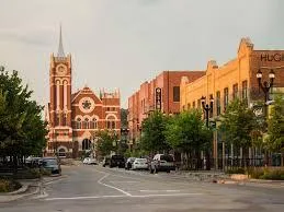 Historic buildings and church tower in downtown Cedar Rapids, Iowa