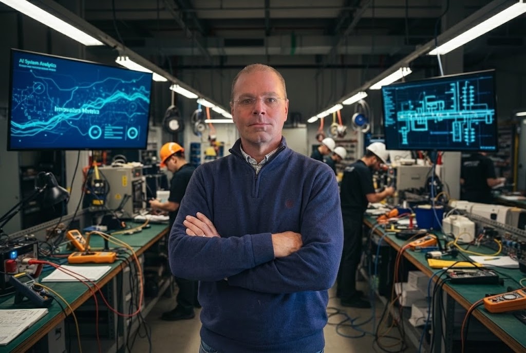 Founder, a middle-aged man in a branded polo, stands confidently in a bustling electrical workshop, surrounded by tools and digital screens displaying AI dashboards. The environment blends hands-on trade work with modern technology, highlighting credibility and innovation.