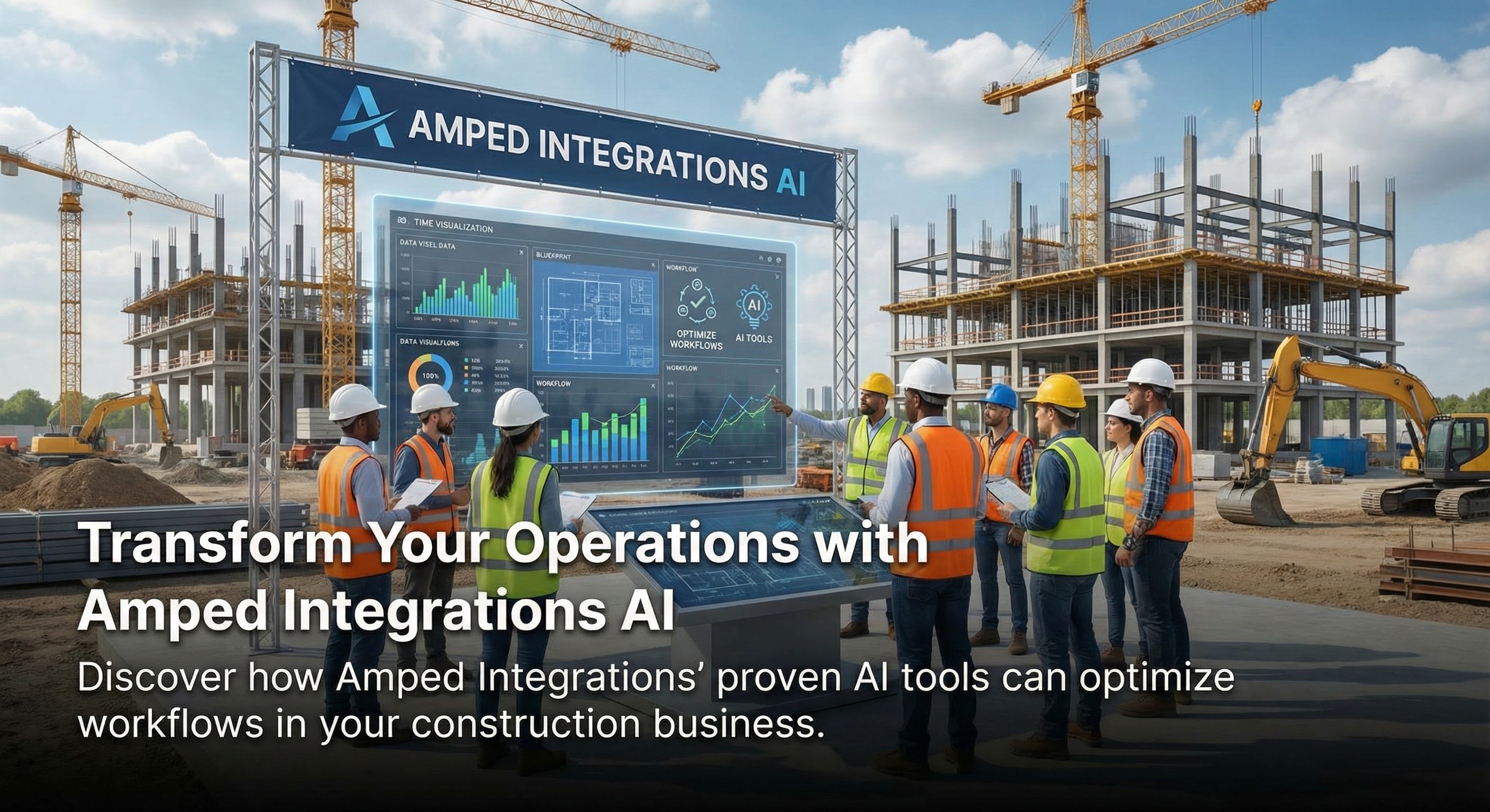 A dynamic digital illustration showing a diverse team of construction professionals—one woman and two men—reviewing blueprints on a tablet, with stylized AI workflow diagrams overlaying a construction site background. The scene is vibrant, with blue and yellow accents, evoking innovation and teamwork in a real-world setting.