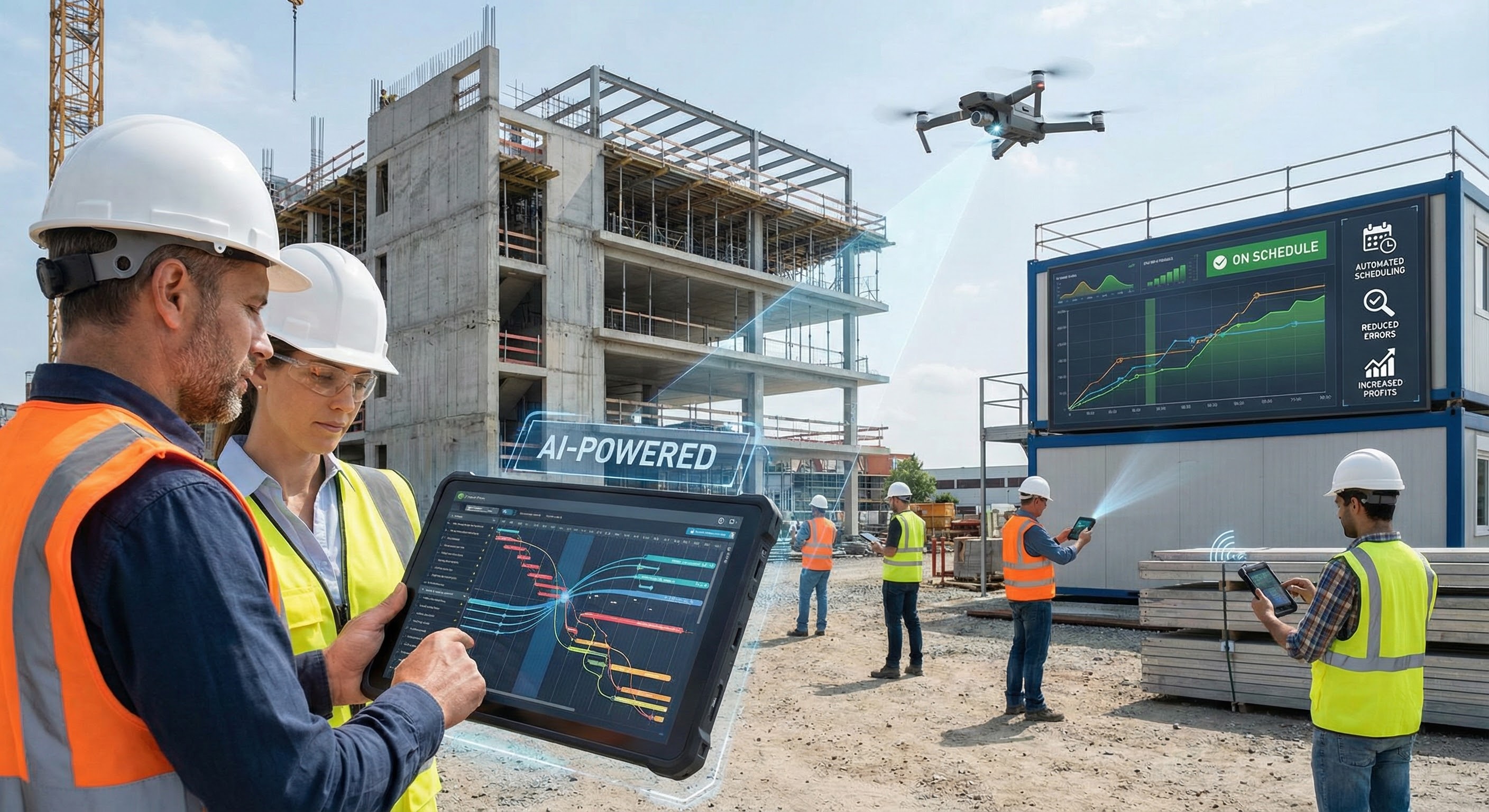 A field technician in a high-visibility vest uses a rugged tablet to log data at a construction site, with AI-generated charts and checklists visible on the screen. The background shows active machinery and a partially completed building, emphasizing efficiency and technology in action.