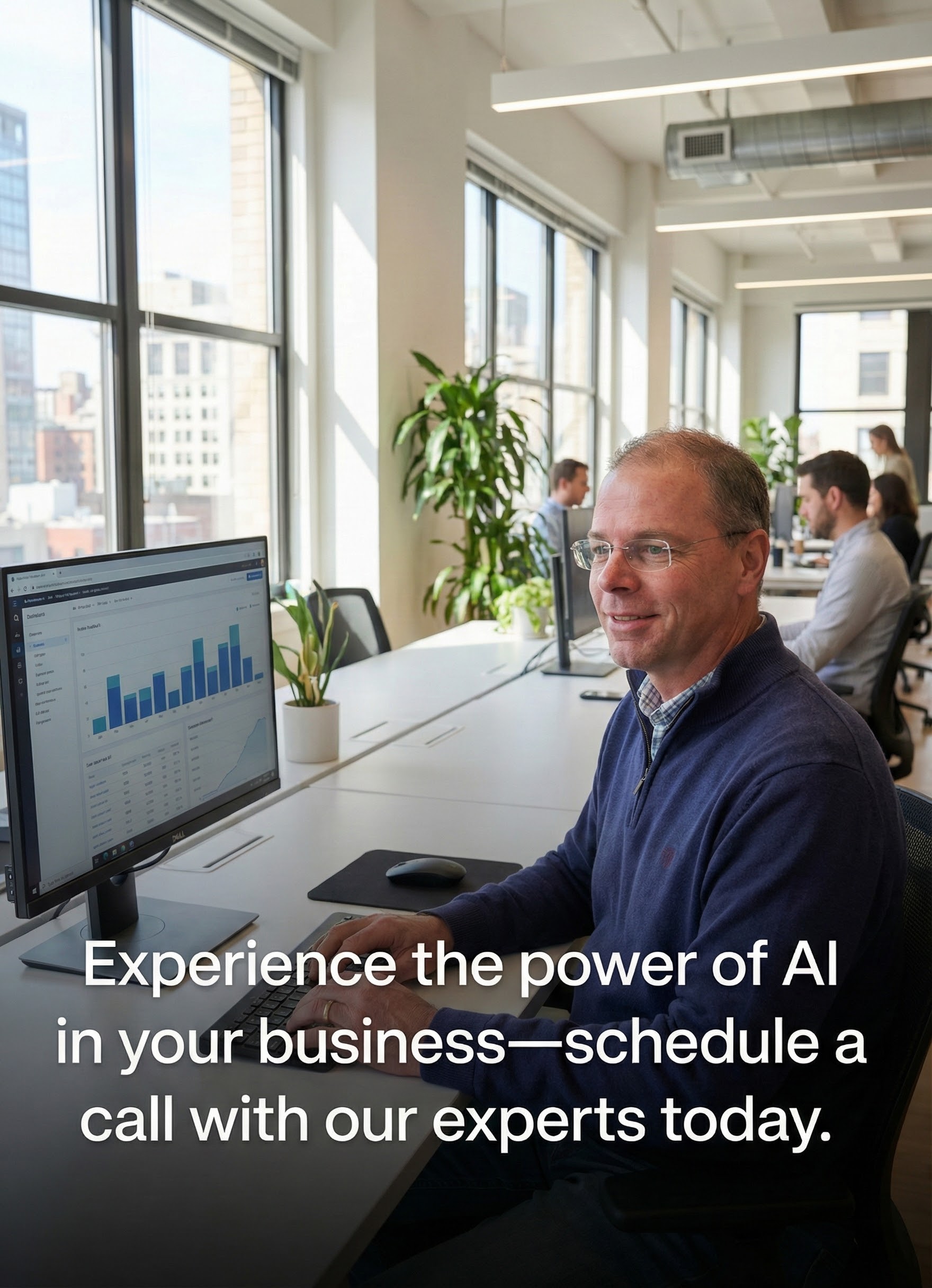 A smiling operations manager in a hard hat joins a video call from a modern office, with blueprints and a laptop open to an AI dashboard. The background features construction site photos and digital workflow charts, conveying professionalism and readiness for a demo.