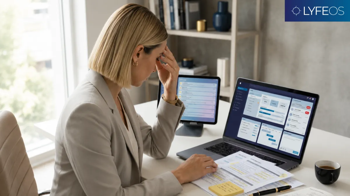 Business owner overwhelmed at her desk, struggling to manage daily operations without a clear leadership system
