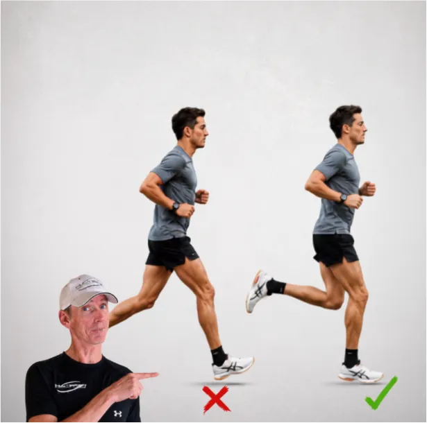 Coach Tim Sorensen demonstrating the difference between low cadence and higher cadence running technique.