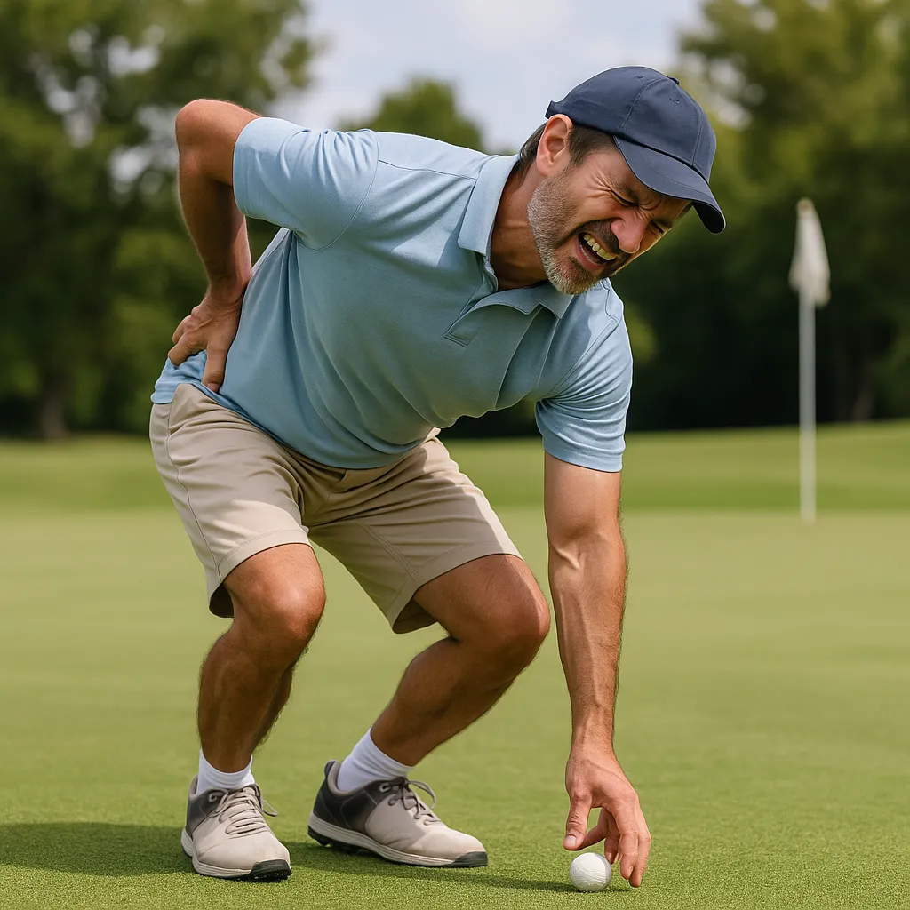 Endurance athlete experiencing rib pain after bending to pick up a golf ball before a triathlon