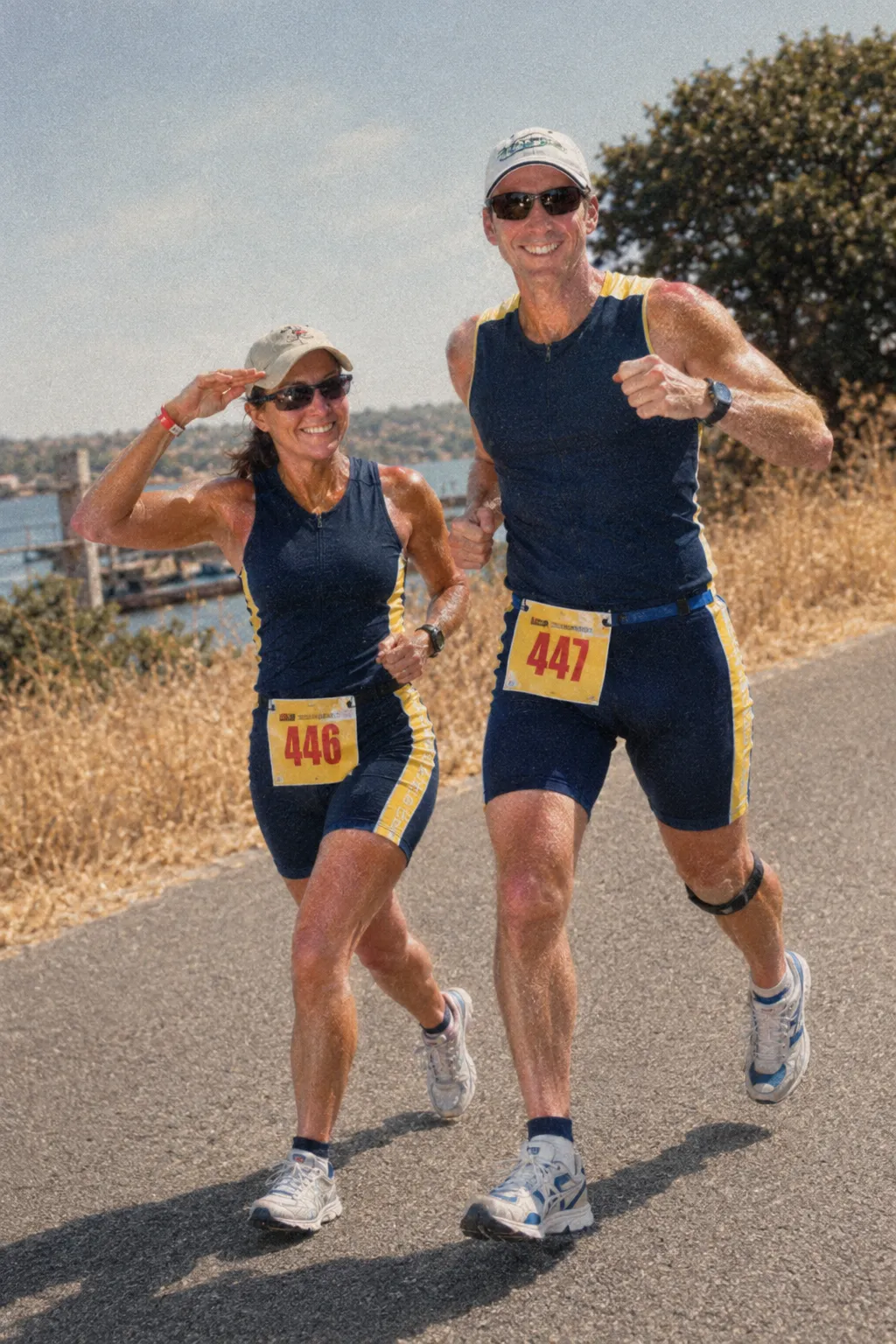 Two triathletes smiling after a race in 1999, when Tim started triathlon