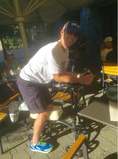 Tim working on a bike trainer during the 2015 injury that changed his coaching