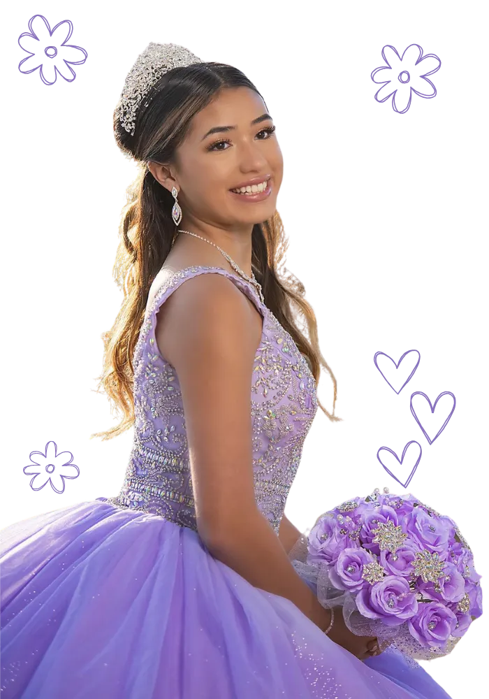 Quinceañera in a purple dress wearing a crown, smiling confidently
