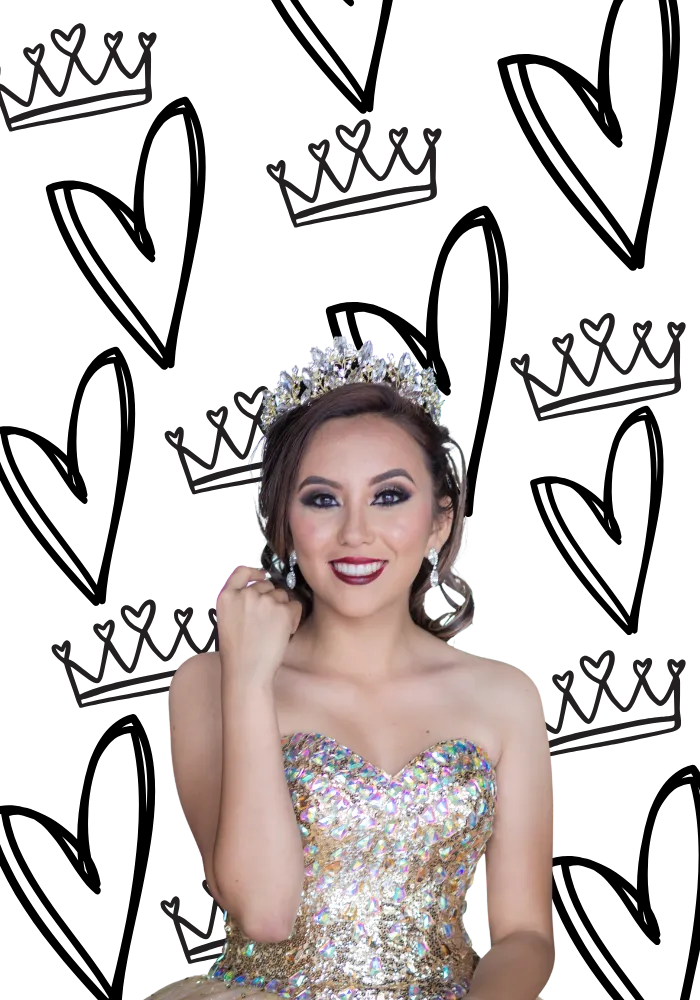 Quinceañera in a shimmery dress and crown smiling, with hearts and crown graphics in the background