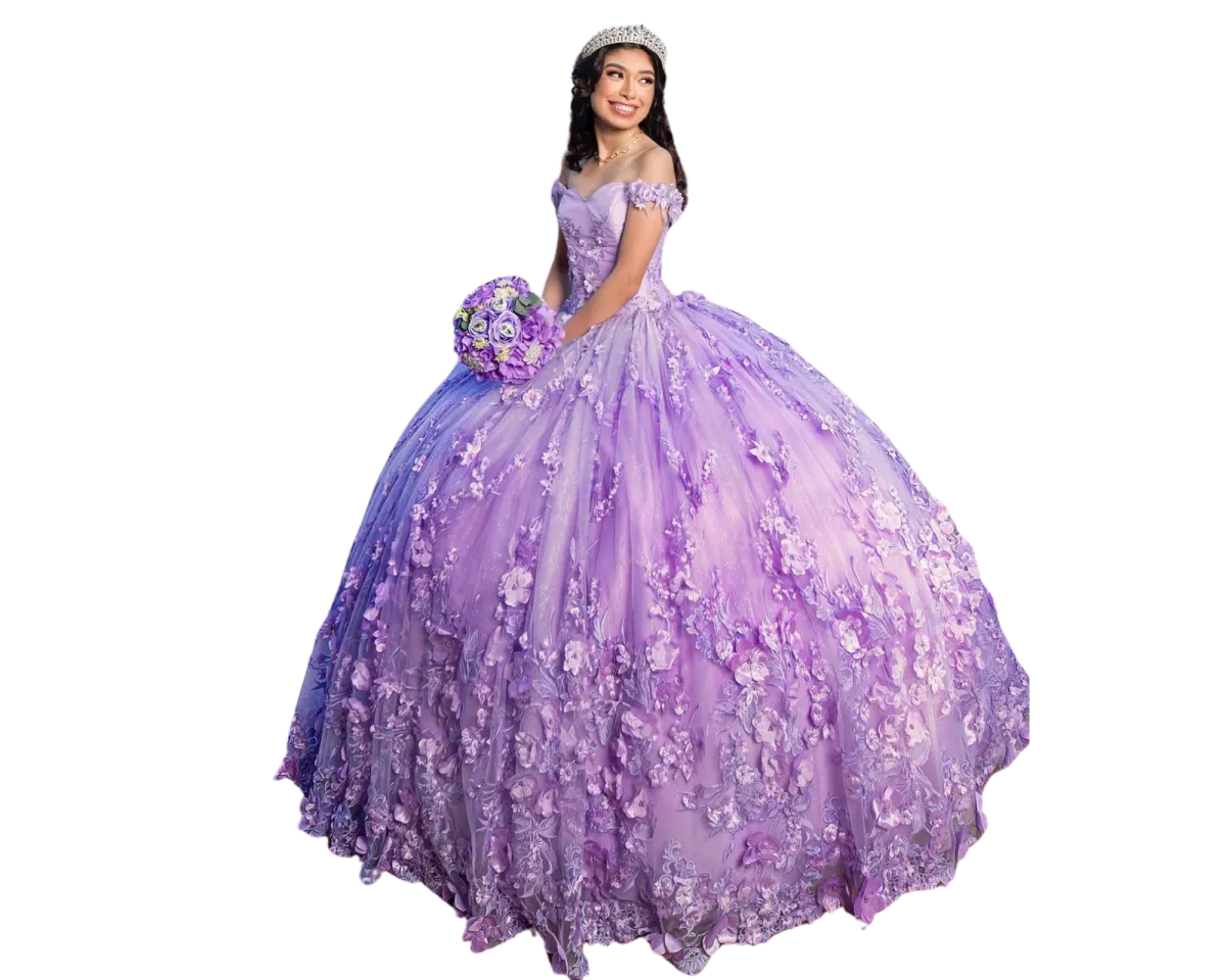 Confident quinceañera in purple dress looking over shoulder with a crown