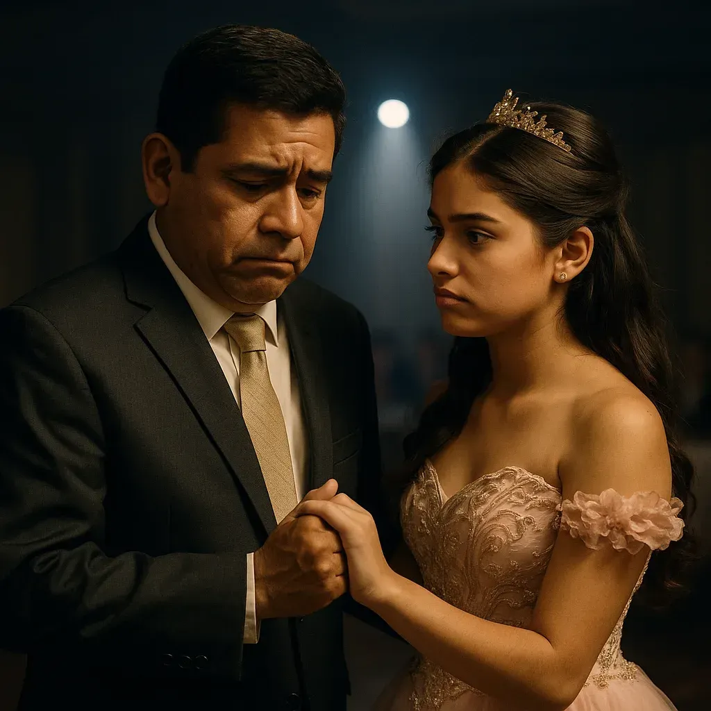 Quinceañera and her father holding hands in an emotional moment before their father daughter dance