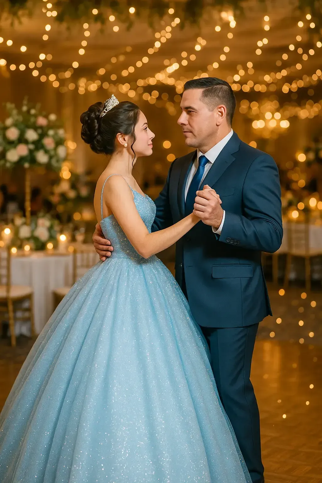 Quinceañera in a blue ball gown dancing with her father during the traditional father daughter dance