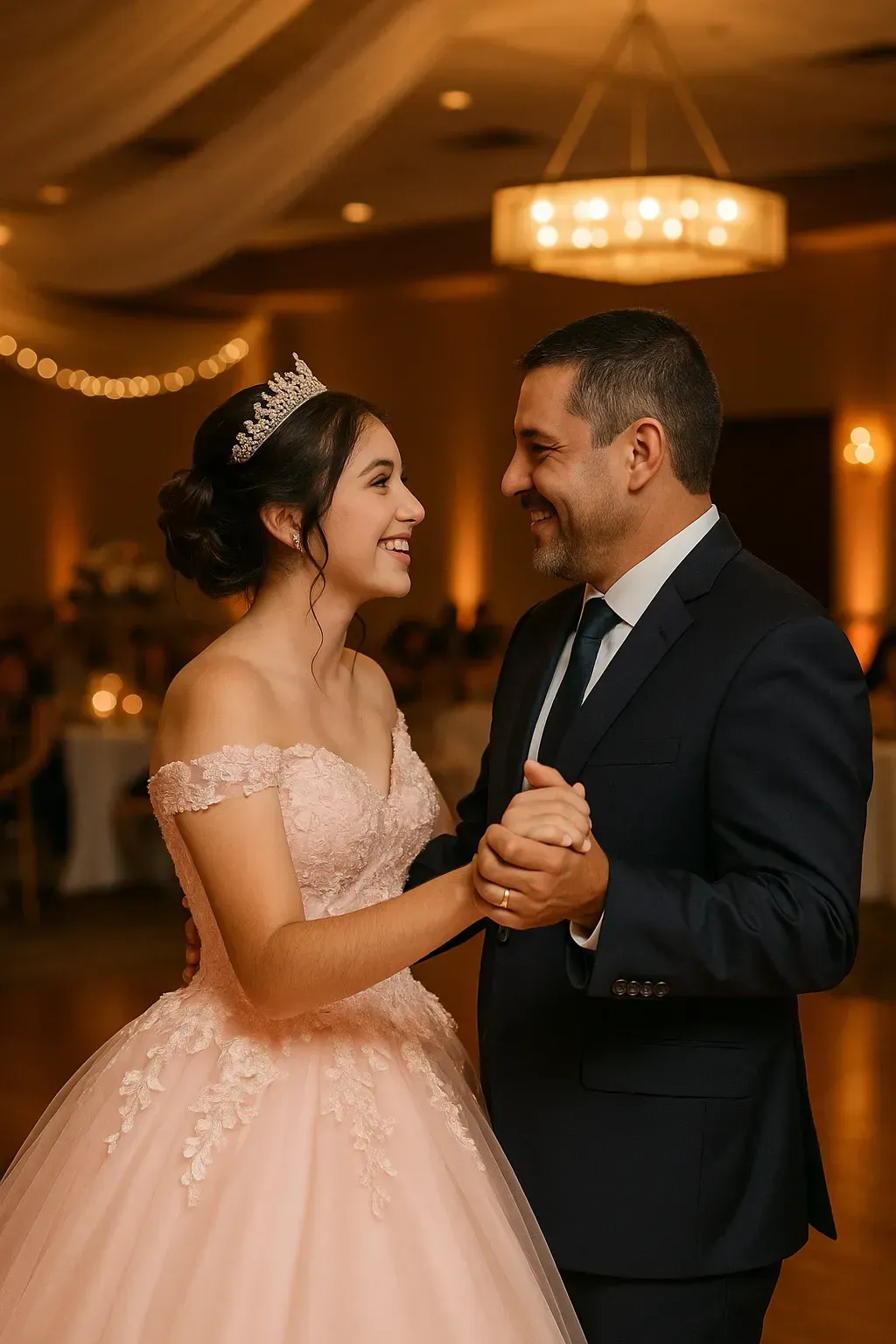 Quinceañera smiling at her father while dancing together during the father daughter dance