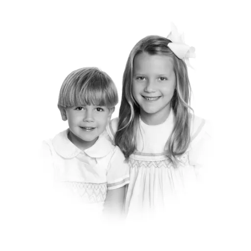 black and white portrait of siblings in timeless children's clothing