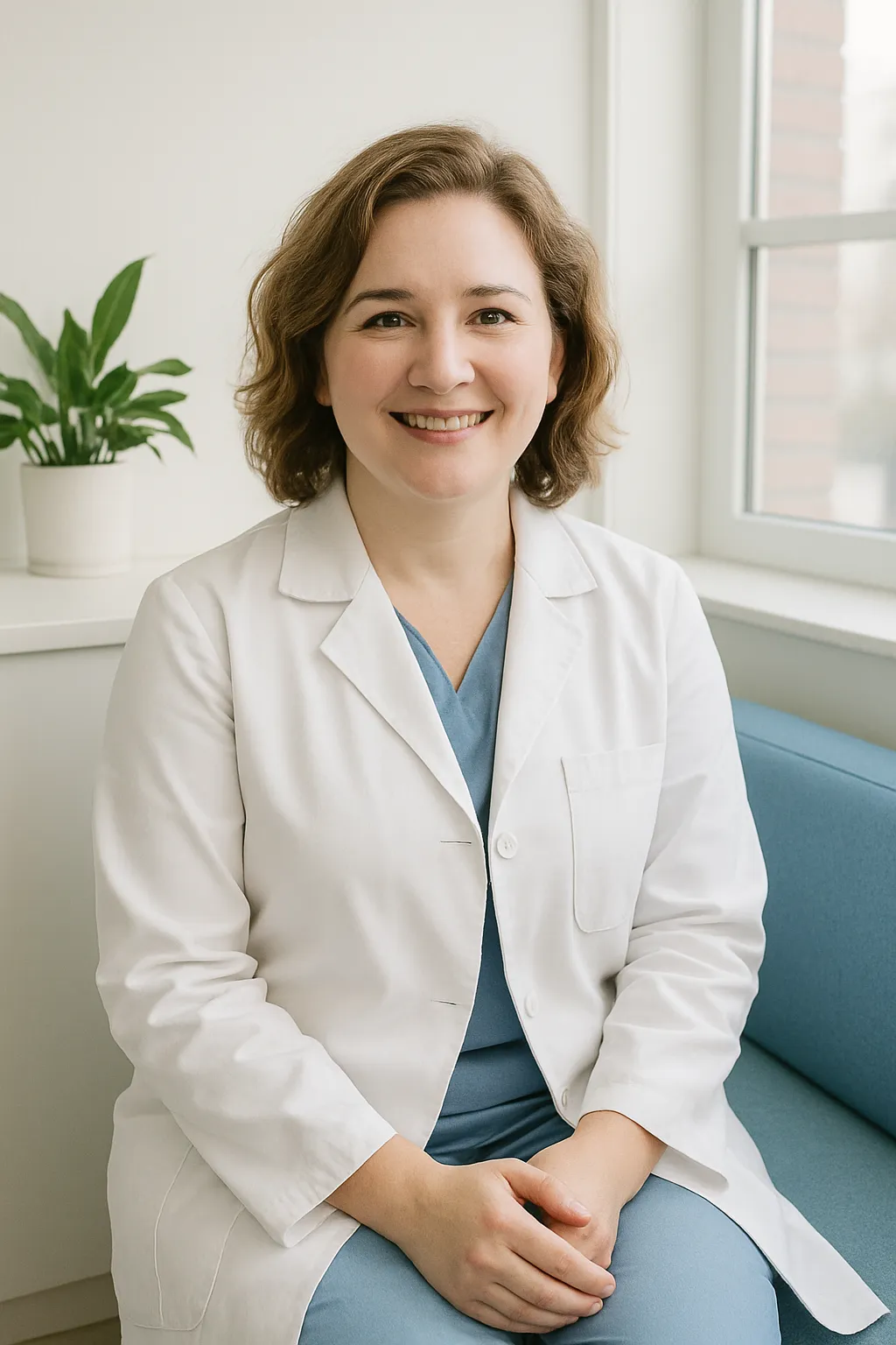 Médica gerada por I.A sorrindo sentada