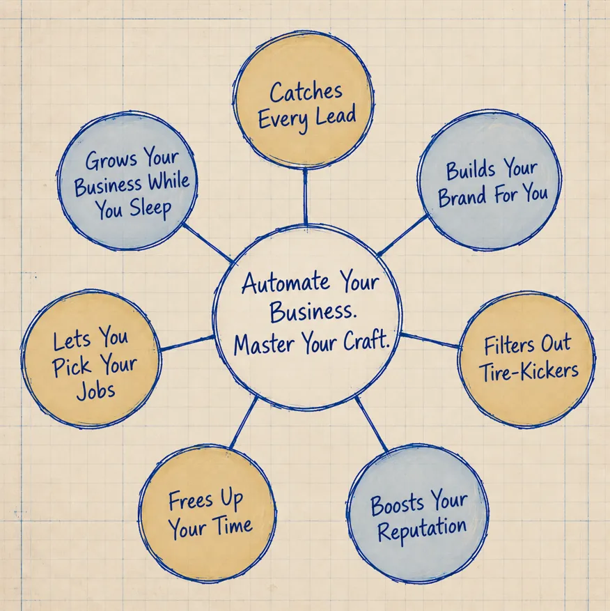 Mind map: Automate Your Business. Master Your Craft. Connected to seven benefits: Catches Every Lead, Builds Your Brand For You, Filters Out Tire-Kickers, Boosts Your Reputation, Frees Up Your Time, Lets You Pick Your Jobs, Grows Your Business While You Sleep.