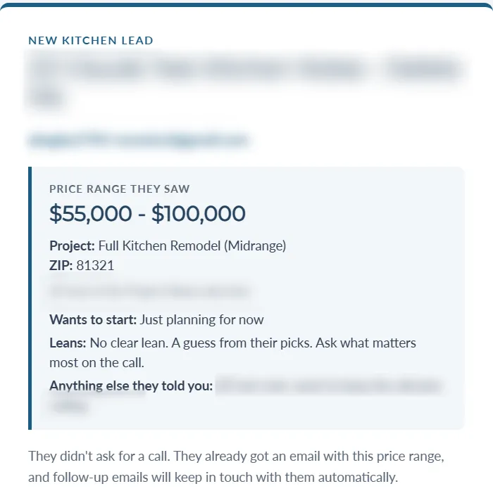 Email alert for a new kitchen lead from my remodeling company's website, showing the price range the homeowner saw, with their name and contact info blurred