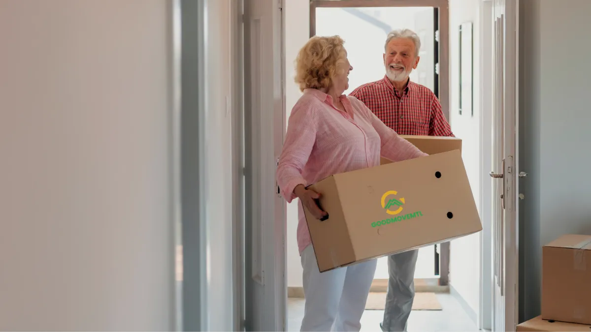 senior people packing moving box for local move