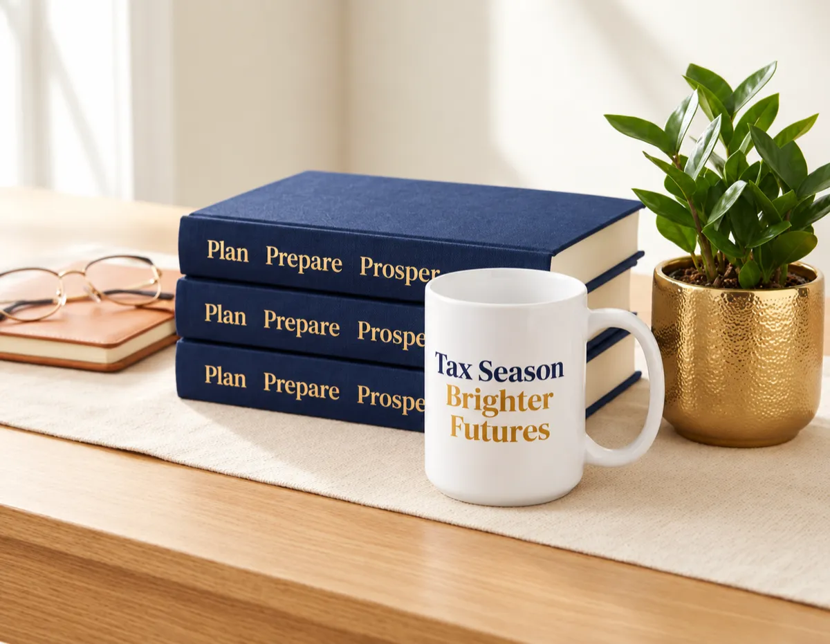 Graphic arrangement of maroon books titled 'Plan Prepare Prosper', a white mug reading 'Tax Season Brighter Futures', and a gold potted plant.