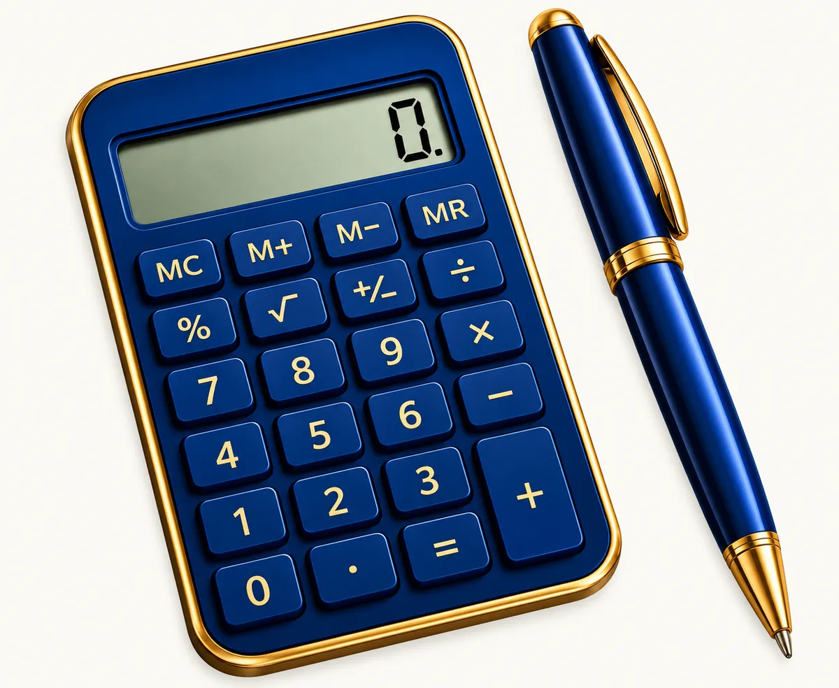 A standard desktop calculator, angled slightly on an office desk