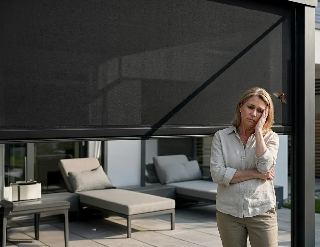 Homeowner comparing motorized retractable screen problems showing One-Track superior engineering