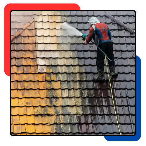 Super Hero Wash team cleaning a stained residential roof in Weston, FL