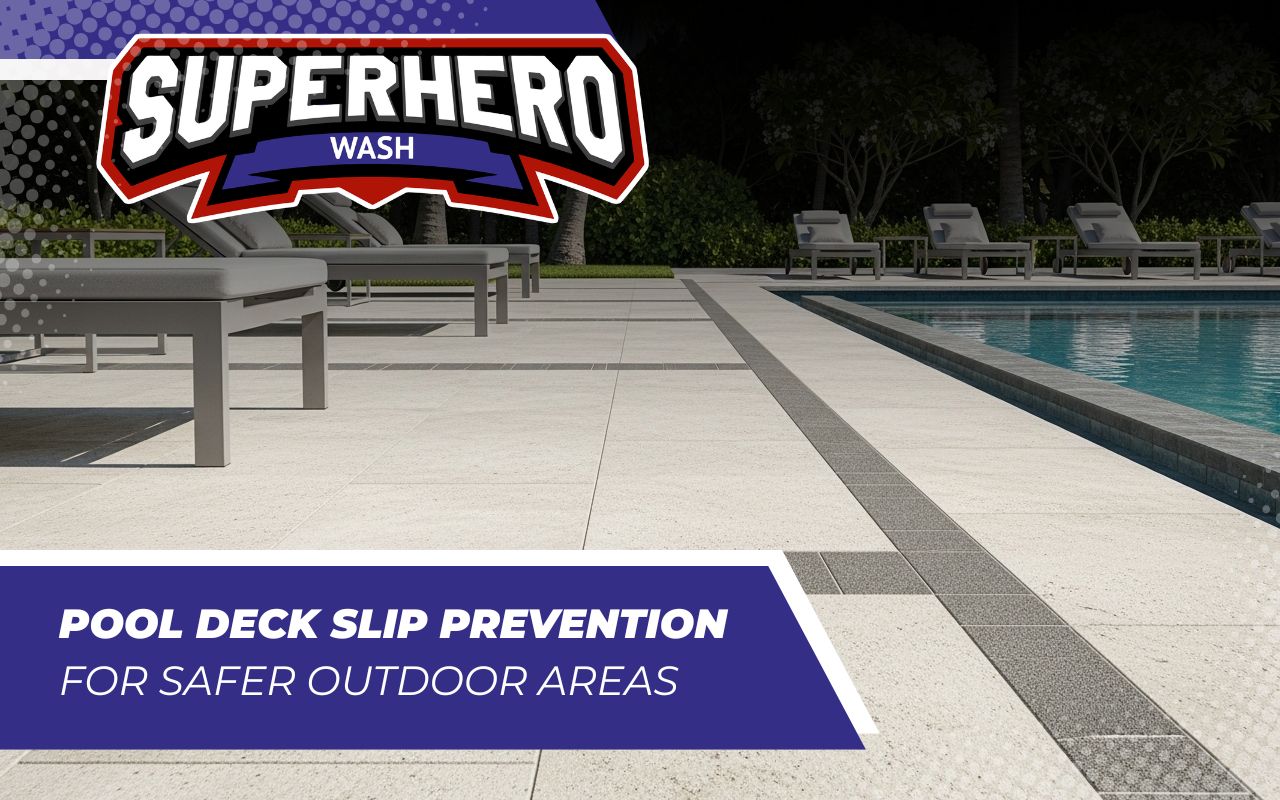 Pool deck slip prevention with a clean textured poolside surface