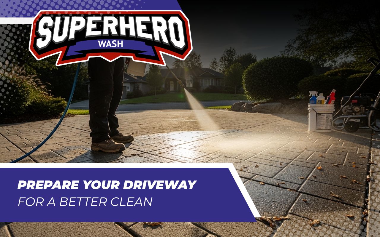 Driveway cleaning preparation before a full surface wash