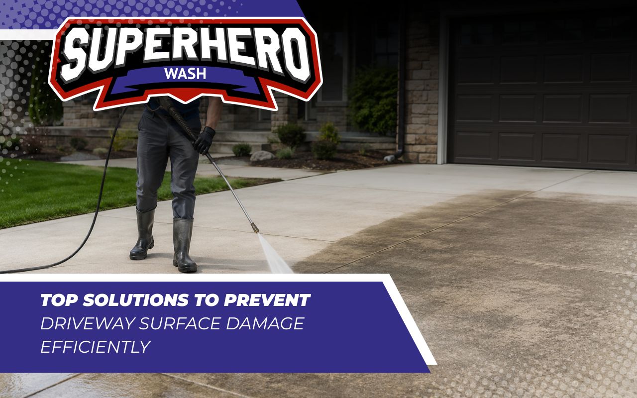 Driveway surface damage being cleaned with safe pressure washing