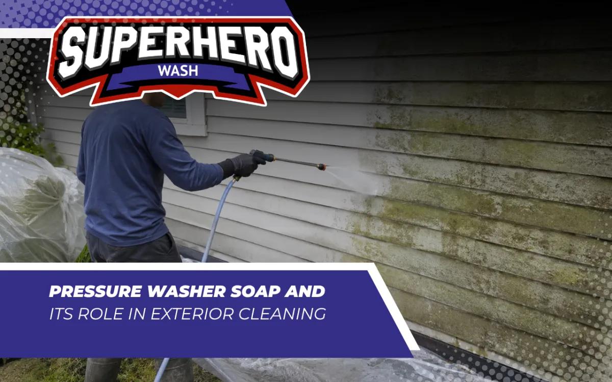 Pressure washer soap applied before rinsing an exterior surface