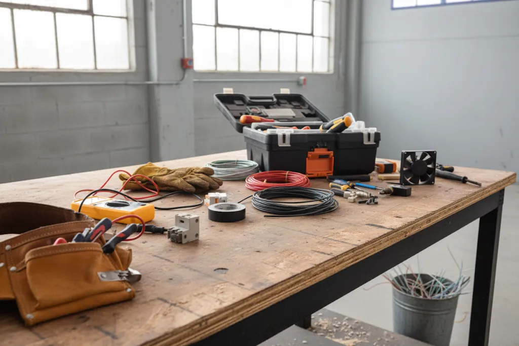 Professional tools on a workbench for installation services by Gino Construction in Greenwich.