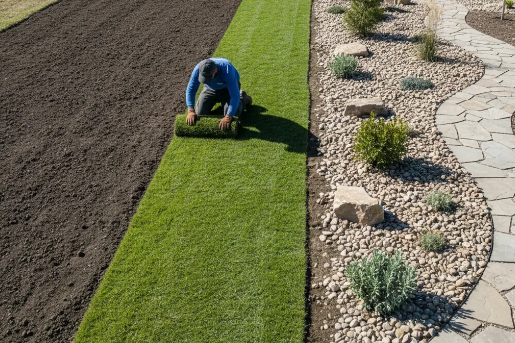 Landscaper from Gino Construction laying new turf for a garden project in Plumstead.