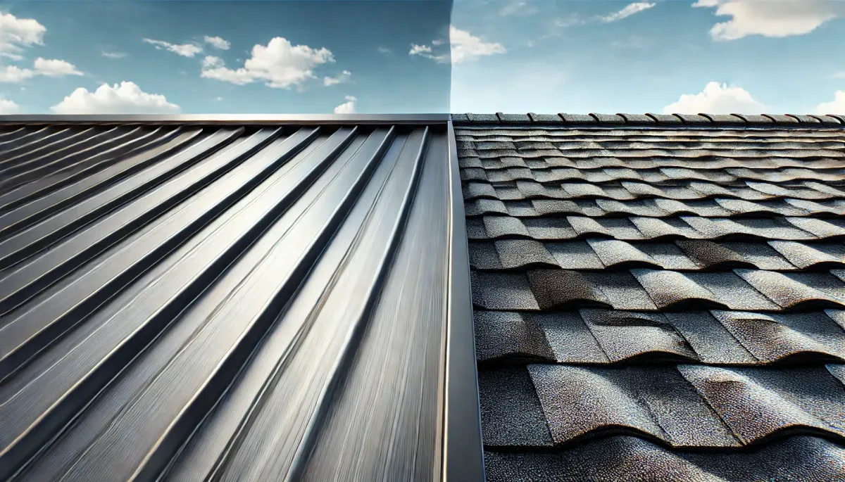 Side-by-side comparison of metal roof and asphalt shingle roof