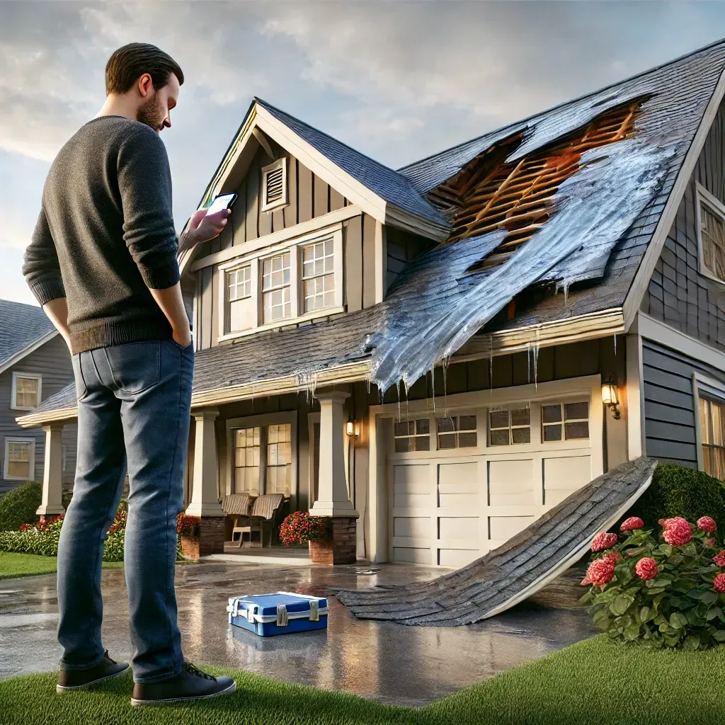 Homeowner inspecting storm damage on a Quad Cities roof