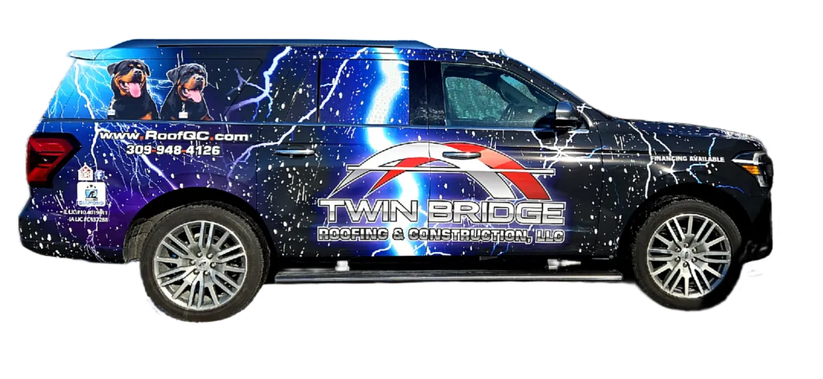 Twin Bridge Roofing & Construction branded SUV serving residential roofing and exterior projects in the Quad Cities